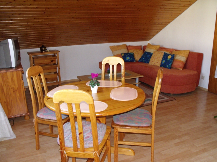 Der Wohnbereich mit Tisch, Couch und Esstisch mit vier Stühlen.