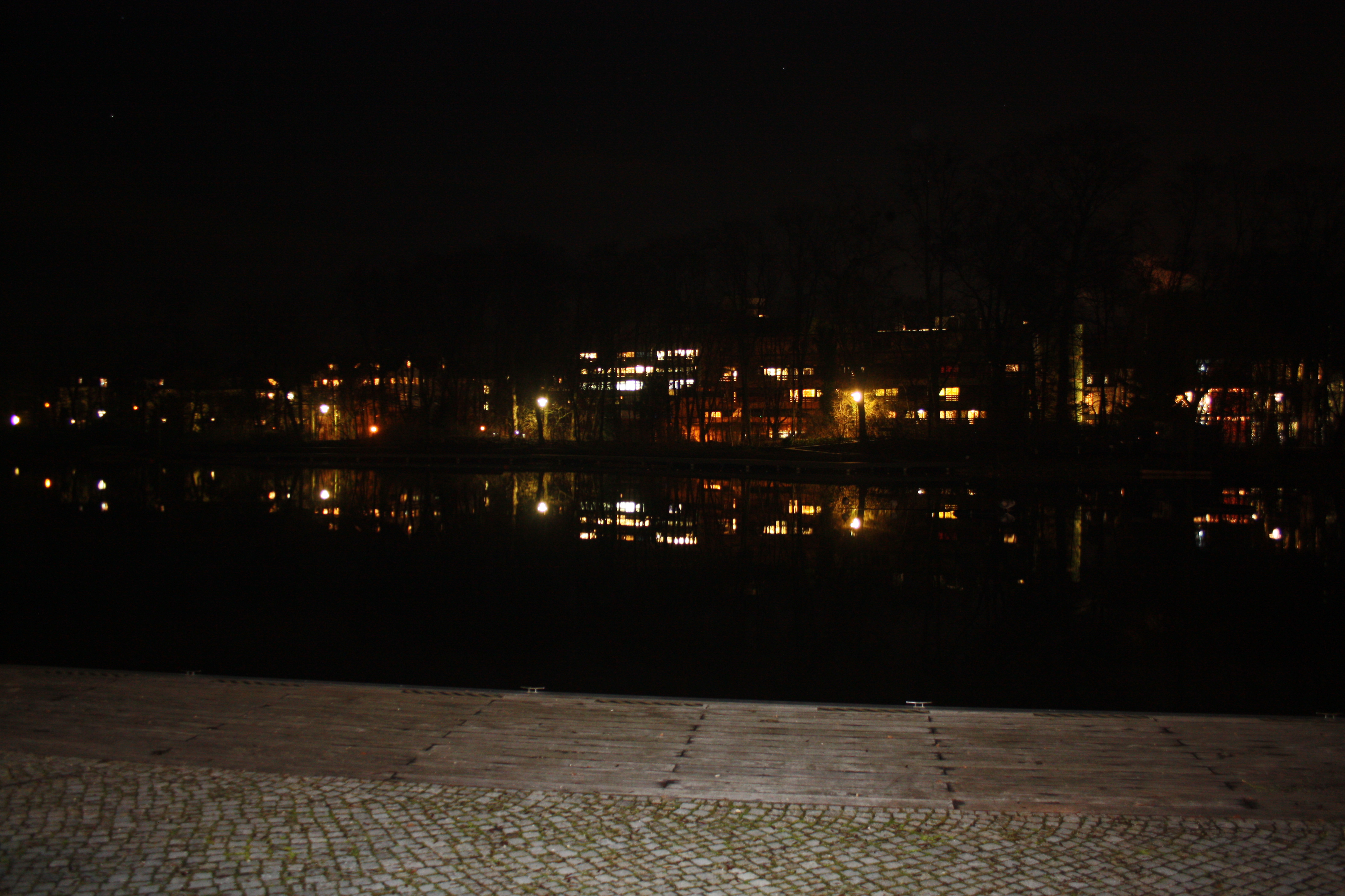 Blick über den Großen Teich im Bad Nauheimer Kurpark bei Nacht.
