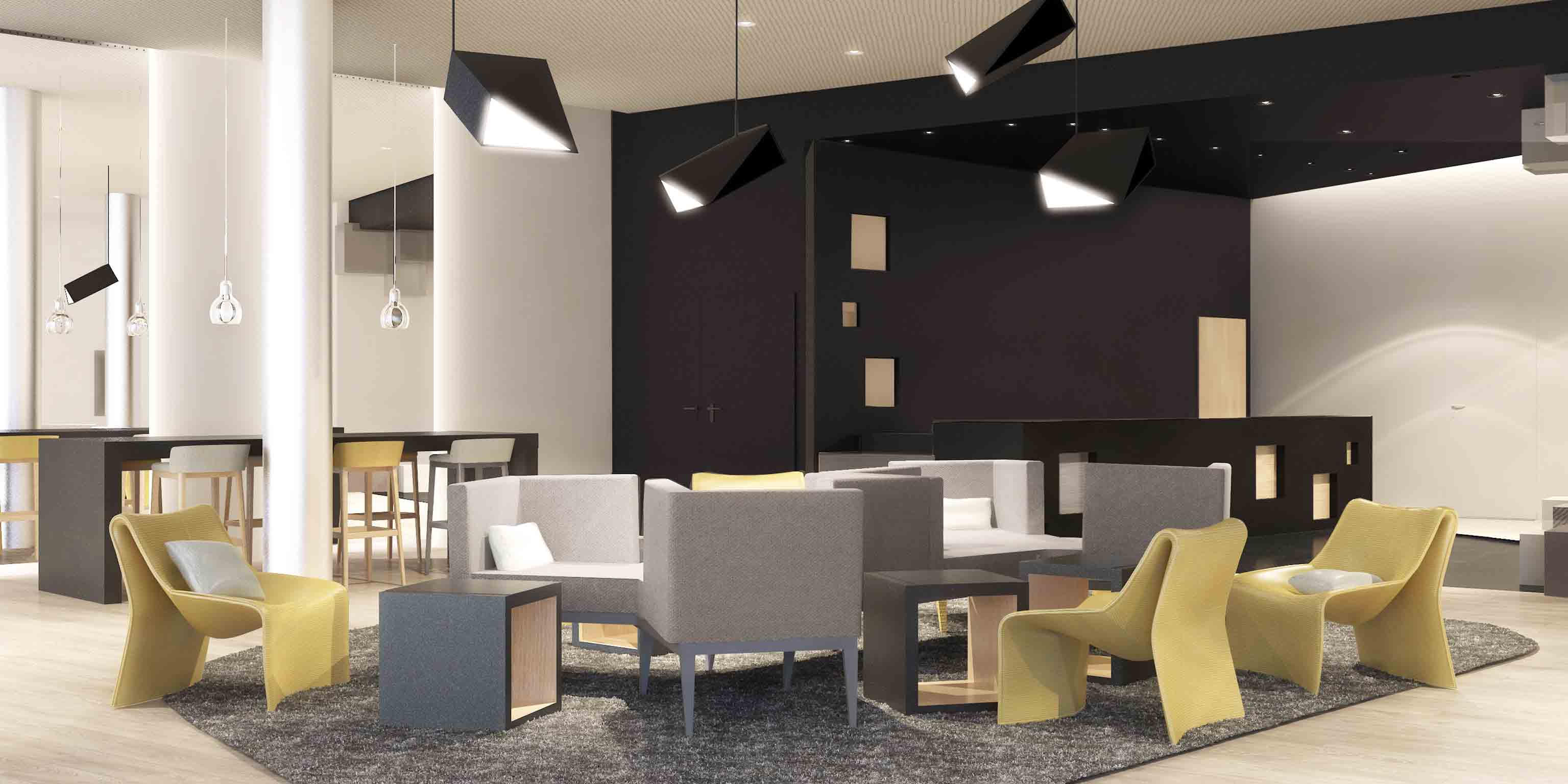 Rendering der Lobby vom Innside by Meliá Frankfurt Ostend.
