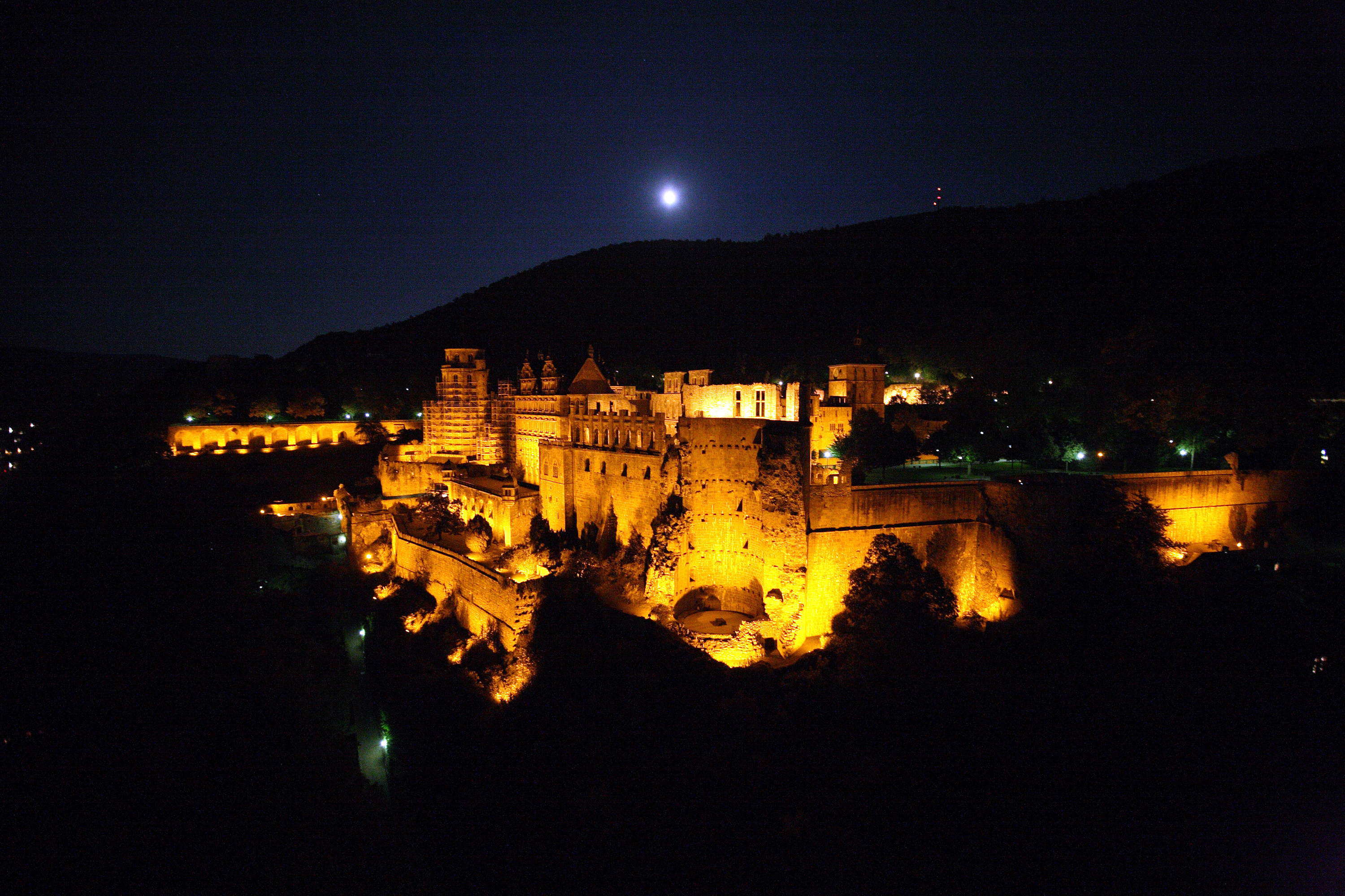 Schloss Heidelberg bei Nacht.
