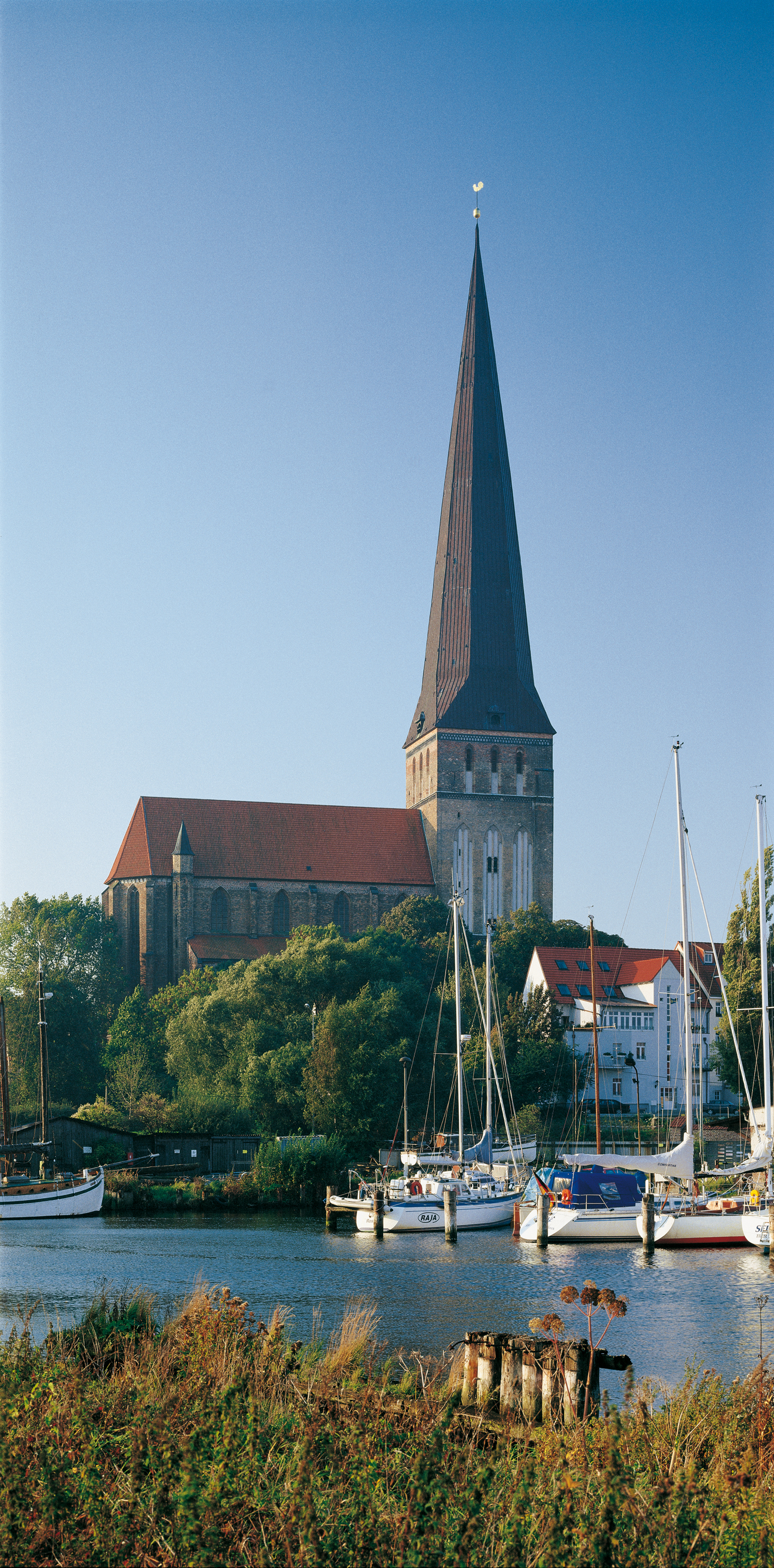 Blick über die Warnow zur St. Petri-Kirche in Rostock.

