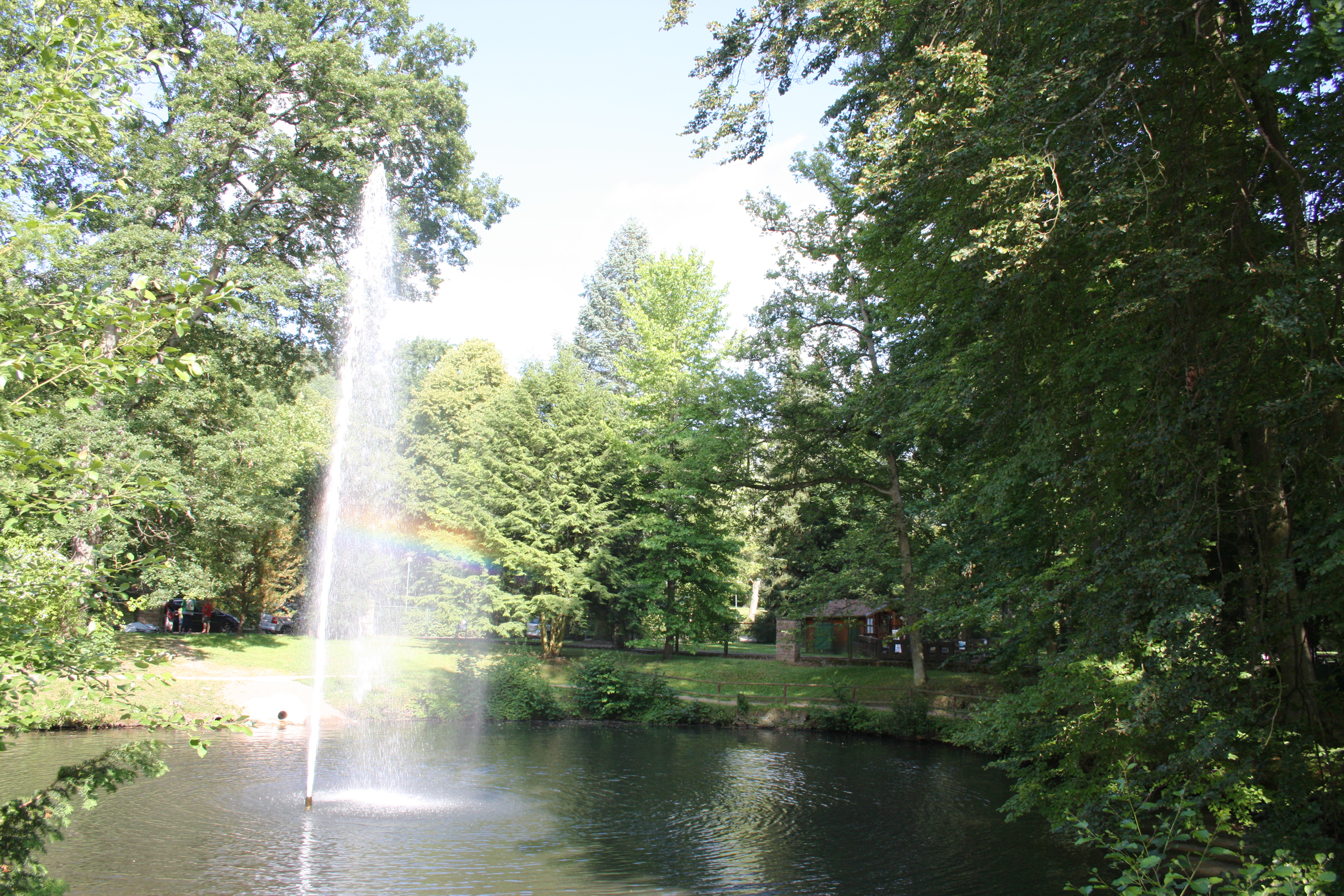 Teich mit Wasserfontäne im Kurpark Bad Orb.
