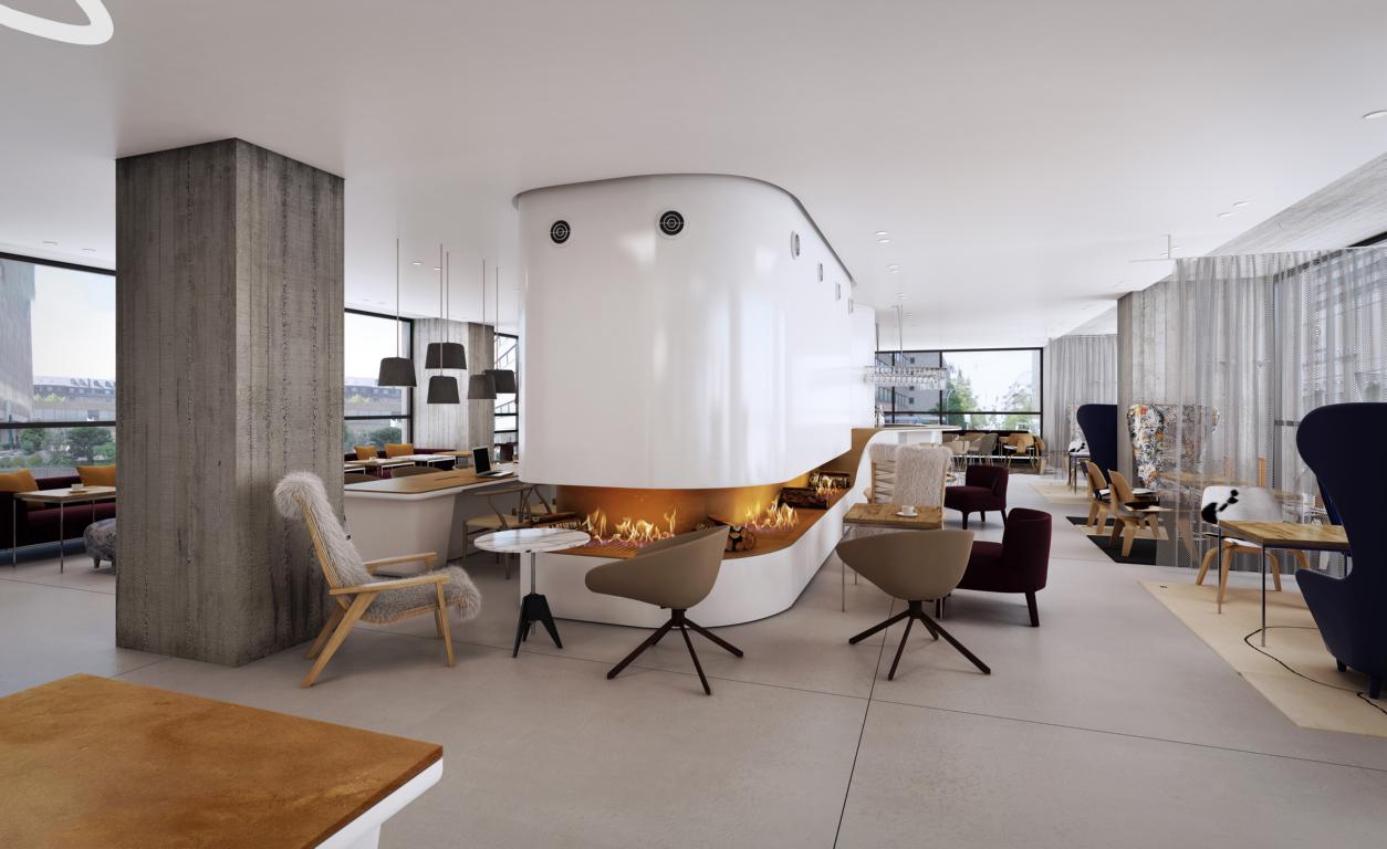 Lobby vom Mai 2014 frisch eröffneten First-Class- und Designer-Hotel Wyndham Grand Frankfurt.
